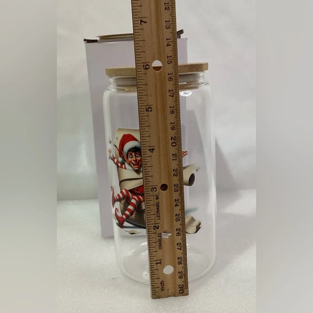 Christmas Glass Tumbler w Woden Lid 16oz New w Original Box